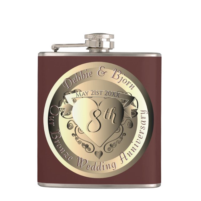8th Bronze Wedding Anniversary Medallion Hip Flask (Front)