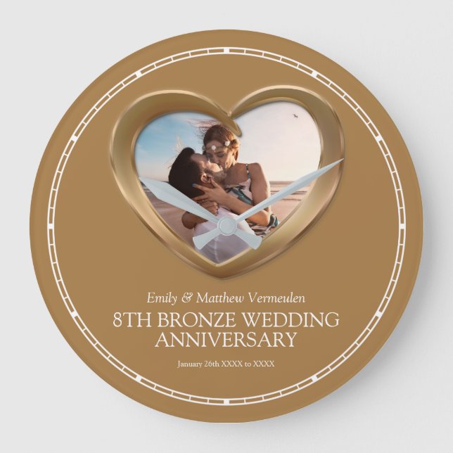 8th bronze wedding anniversary photo heart large clock (Front)