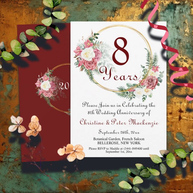 8th Bronze Wedding Anniversary Roses Gold Frame Invitation (Creator Uploaded)