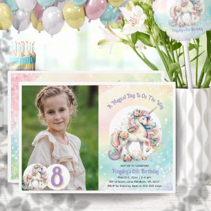 8th Eighth Unicorn Party Pastel Rainbow Party Invitation