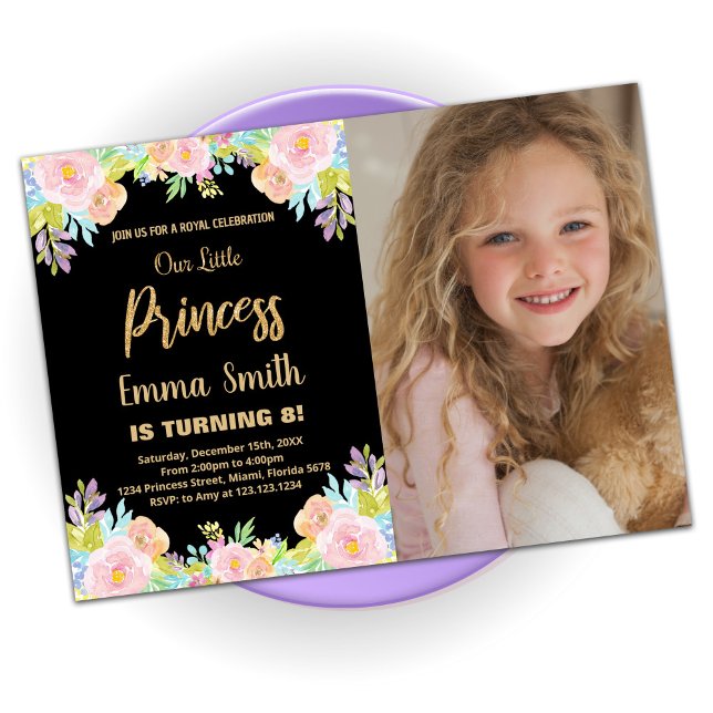 8th Floral Glitter Princess Birthday With Photo Invitation (Creator Uploaded)