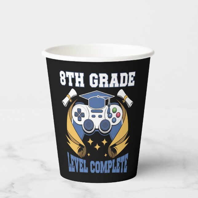 8th Grade Level Complete Gaming Gamer Graduation Paper Cups (Front)