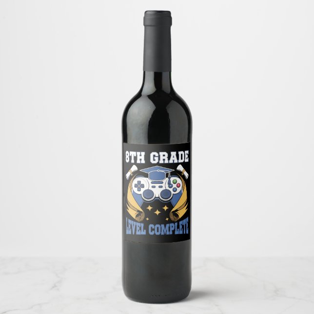 8th Grade Level Complete Gaming Gamer Graduation Wine Label (Front)