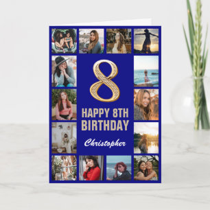 8th Happy Birthday Navy Blue & Gold Photo Collage Card