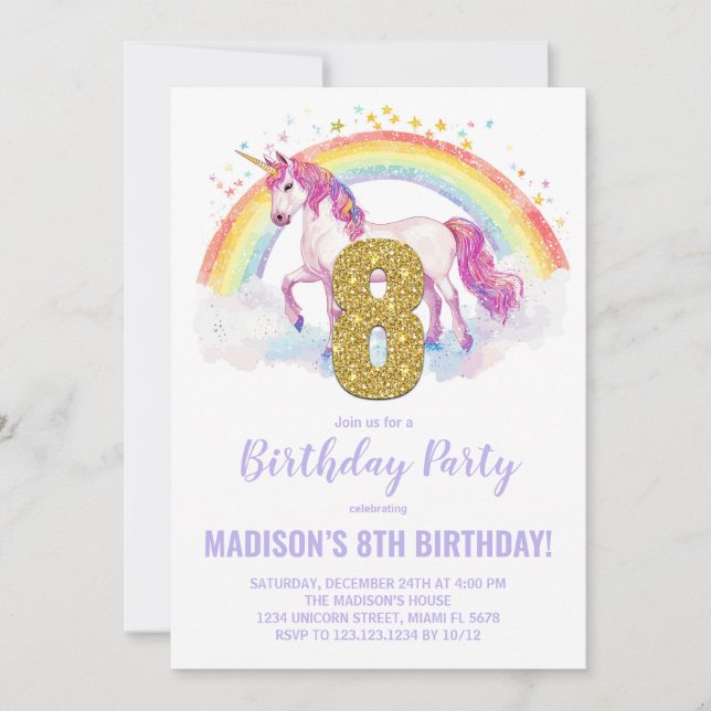 8th Rainbow Unicorn Birthday Invitations (Front)