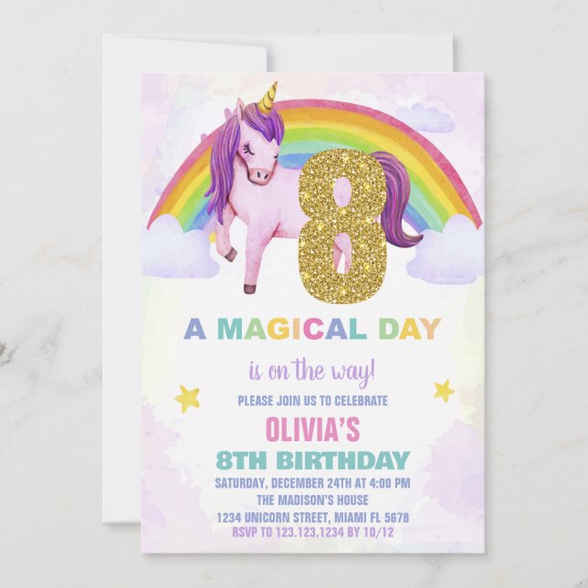 8th Rainbow Unicorn Birthday Invitations Cloud (Front)