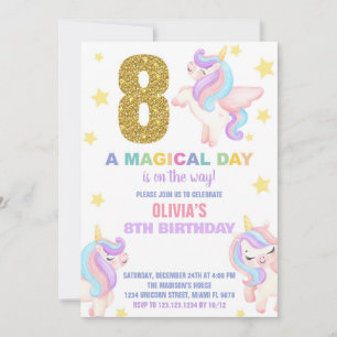 8th Rainbow Unicorn Birthday Invitations Fly