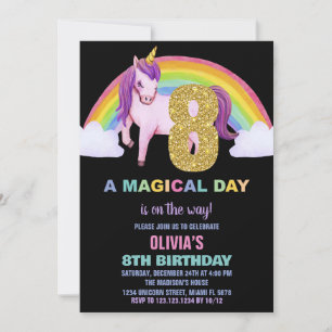 8th Rainbow Unicorn Birthday Invitations Glitter