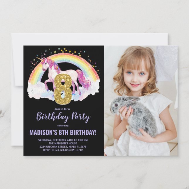 8th Rainbow Unicorn Birthday Invitations photo (Front)