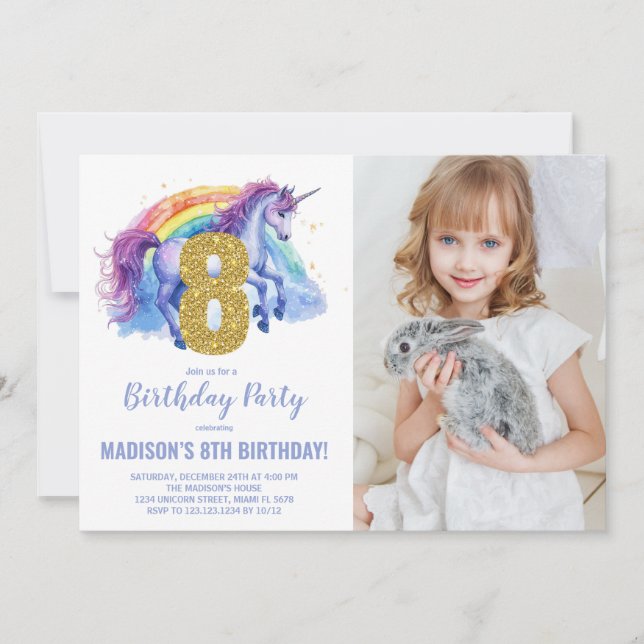 8th Rainbow Unicorn Birthday Invitations photo (Front)