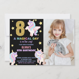 8th Rainbow Unicorn Birthday Invitations w photo