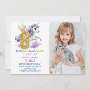 8th Rainbow Unicorn Birthday Invitations w photo