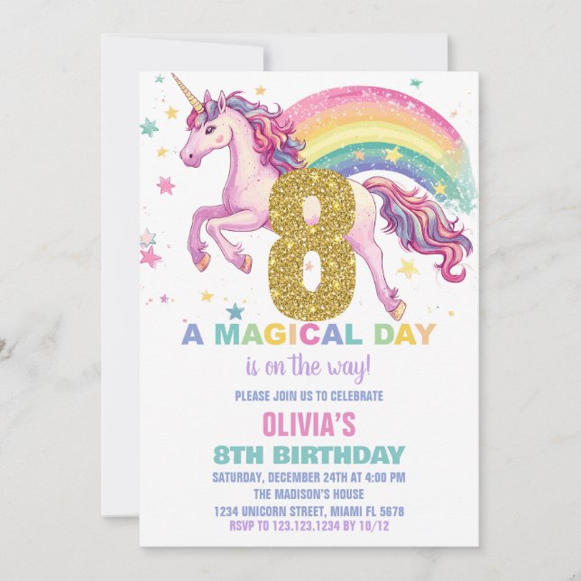 8th Unicorn Birthday Invitations (Front)