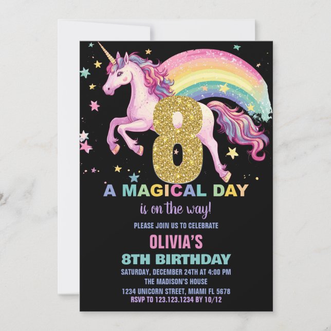 8th Unicorn Birthday Invitations Black (Front)