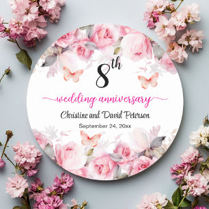 8th Wedding Anniversary Elegant Blush Roses Classic Round Sticker