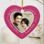 8th Wedding Anniversary Photo Ceramic Tree Decoration<br><div class="desc">Celebrate a 8th happy year of marriage with a custom photo ornament in a delightful heart shape frame. Simply upload your own photo of the married couple and it will appear in the cutout. The deep pink surround features a white script font and decorations. The words are: 8th Wedding Anniversary...</div>