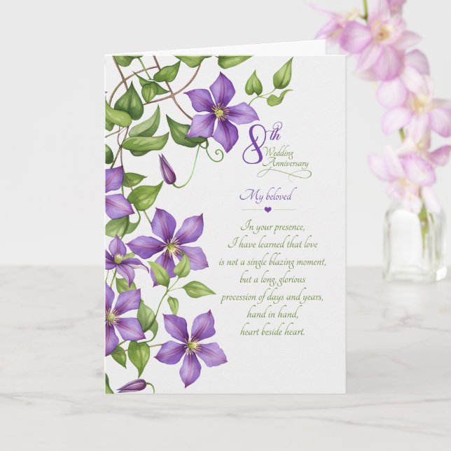 8th Wedding Anniversary Sentimental Clematis Vine Card (Orchid)
