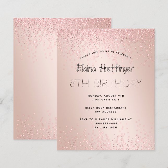 8TH Year Budget Birthday Glitter Rose Gold Metal (Front/Back)
