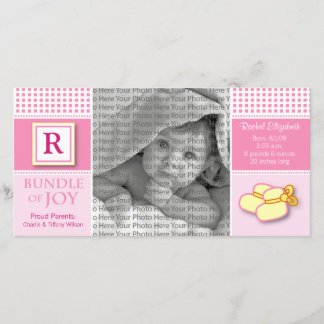8x4 Pink Gingham Monogrammed Birth Announcement