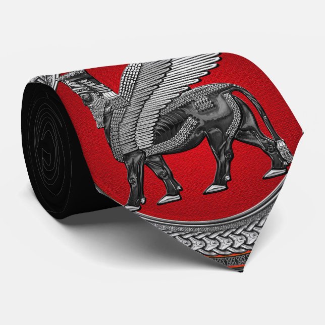 [900] Assyrian Winged Bull: Silver & Black Lamassu Tie (Rolled)