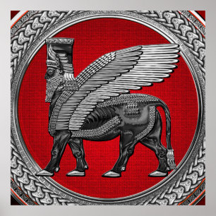 [901] Assyrian Winged Bull: Silver & Black Lamassu Poster