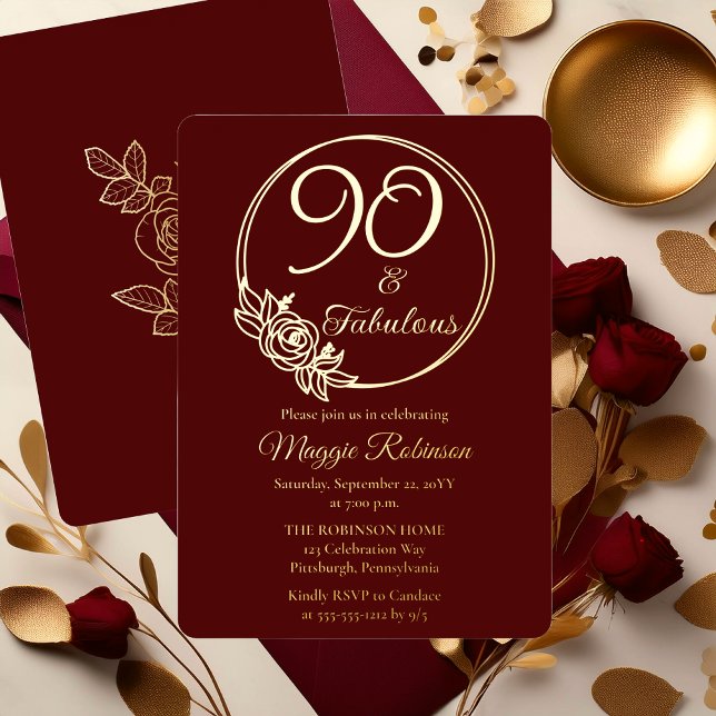 90 and Fabulous 90th Birthday Party Stamped (Elegant Rose Wreath 90 and Fabulous 90th Birthday Party Burgundy Stamped Gold Foil Invitation )