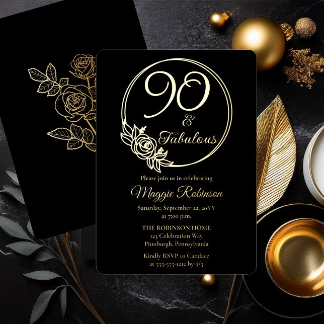90 and Fabulous 90th Birthday Party Stamped (Simply Elegant Rose Wreath "90 and Fabulous" 90th Birthday Party Black Stamped Gold Foil Invitation )