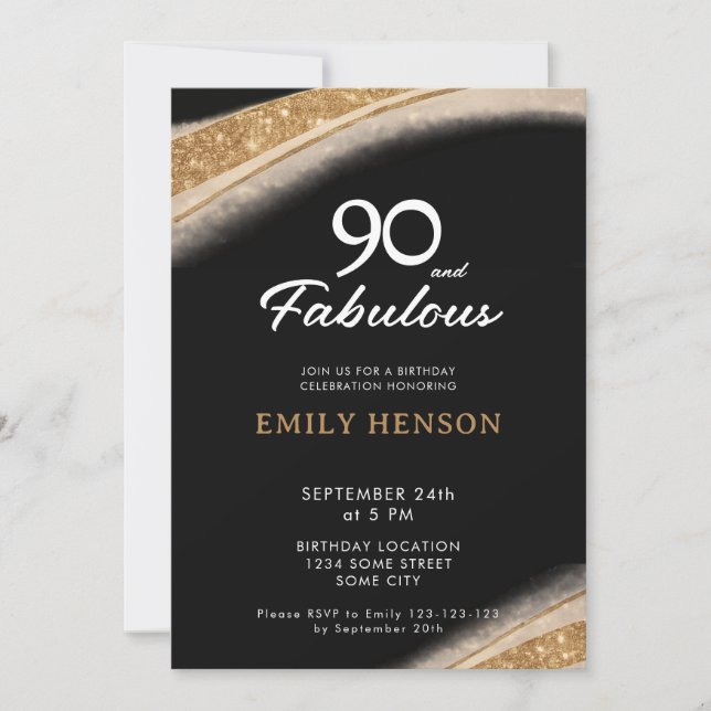 90 and Fabulous Black Gold Birthday Invitation (Front)