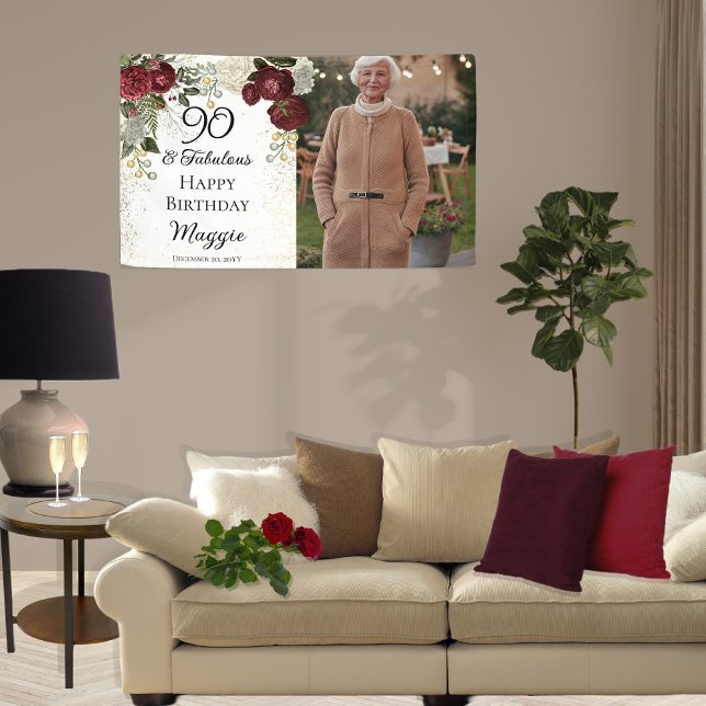 90 and Fabulous Glam Rose Floral Birthday Party Banner (Creator Uploaded)