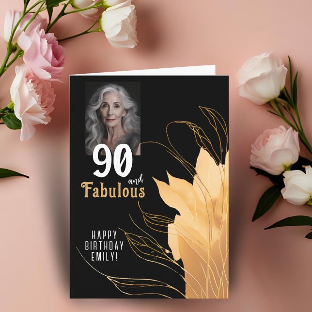 90 and Fabulous Gold Foliage 90th Birthday Photo Card (Creator Uploaded)