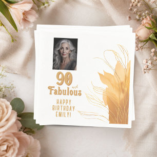 90 and Fabulous Gold Foliage 90th Birthday Photo Napkin
