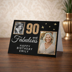 90 and Fabulous Gold Glitter 2 Photo 90th Birthday Card