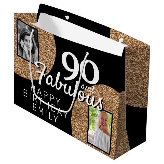 90 and Fabulous Gold Glitter 2 Photo 90th Birthday Large Gift Bag (Front Angled)