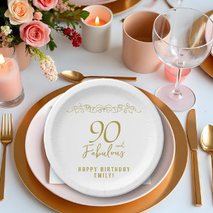90 and Fabulous Gold Ornament 90th Birthday  Paper Plate
