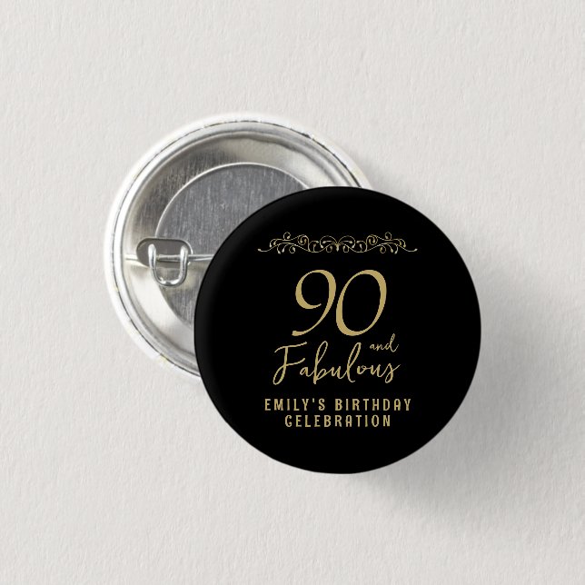90 and Fabulous Gold Ornament 90th Birthday Photo  3 Cm Round Badge (Front & Back)