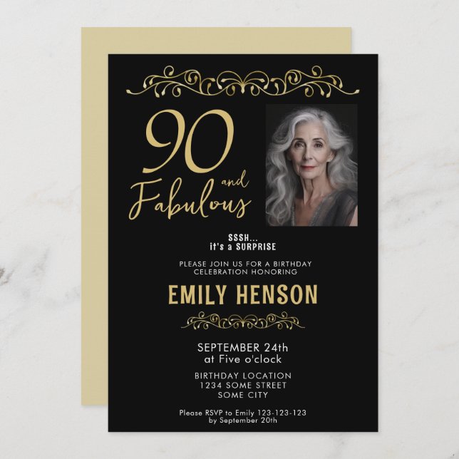 90 and Fabulous Gold Ornament 90th Birthday Photo  Invitation (Front/Back)