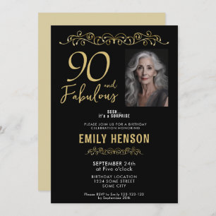 90 and Fabulous Gold Ornament 90th Birthday Photo Invitation