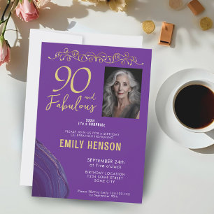90 and Fabulous Gold Ornament 90th Birthday Photo Invitation
