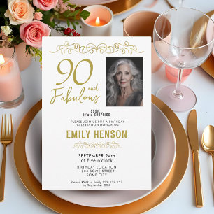 90 and Fabulous Gold Ornament 90th Birthday Photo  Invitation