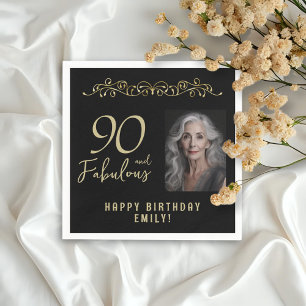 90 and Fabulous Gold Ornament 90th Birthday Photo  Napkin