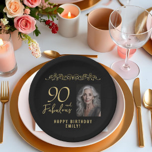 90 and Fabulous Gold Ornament 90th Birthday Photo  Paper Plate