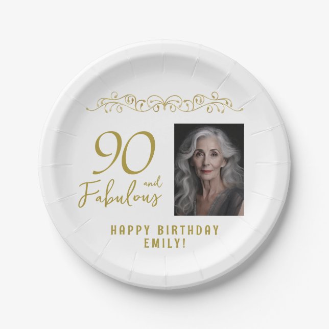 90 and Fabulous Gold Ornament 90th Birthday Photo  Paper Plate (Front)