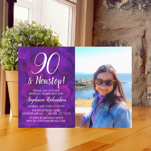 90 and Nonstop Elegant Purple Photo Birthday Invitation