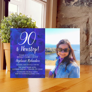 90 and Nonstop Royal Blue Photo Birthday Invitation