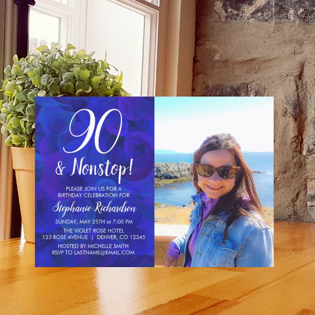 90 and Nonstop Royal Blue Photo Birthday Invitation (Creator Uploaded)