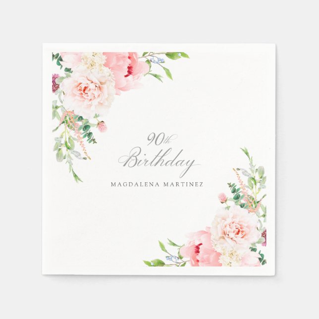 90 Birthday Party Pink Floral Custom Cocktail Napkin (Front)