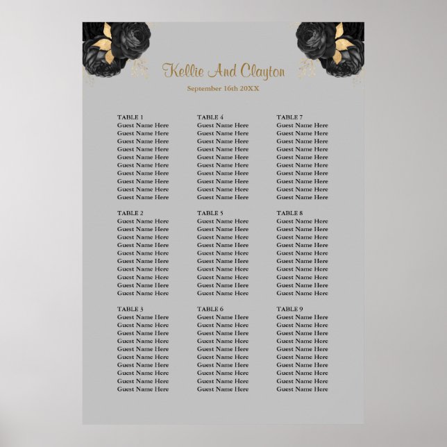 90 Black And Gold Floral Wedding Seating Chart (Front)