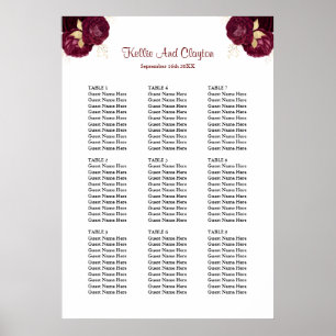 90 Burgundy And Gold Floral Wedding Seating Chart