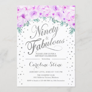 90 Fabulous Birthday Party - White Silver Purple Invitation