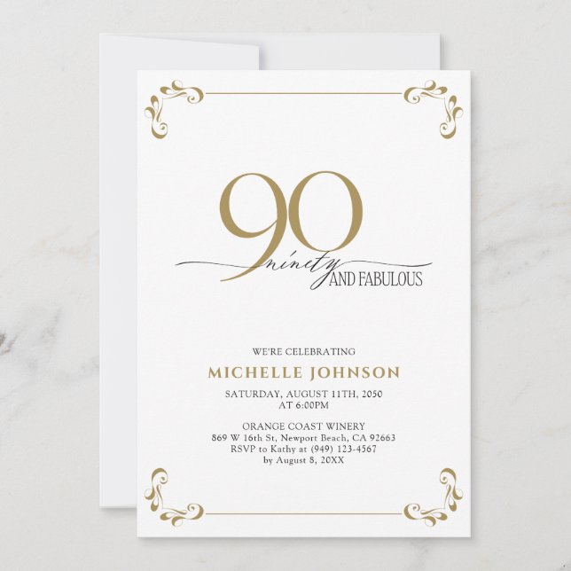 90 & Fabulous Black White & Gold Birthday Invitation (Front)
